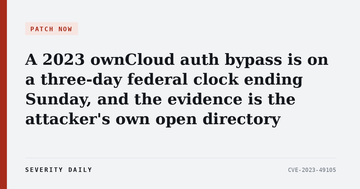 PATCH NOW — A 2023 ownCloud auth bypass is on a three-day federal clock ending Sunday, and the evidence is the attacker's own open directory