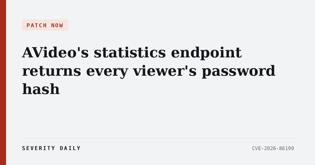 AVideo’s statistics endpoint returns every viewer’s password hash, and the project’s own advisory says the hash logs you in