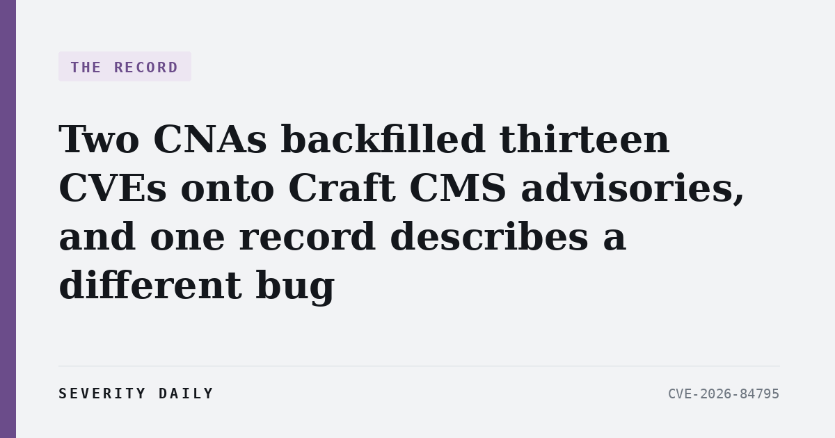 THE RECORD — Two CNAs backfilled thirteen CVEs onto Craft CMS advisories that say No known CVE, and one records description belongs to a different bug