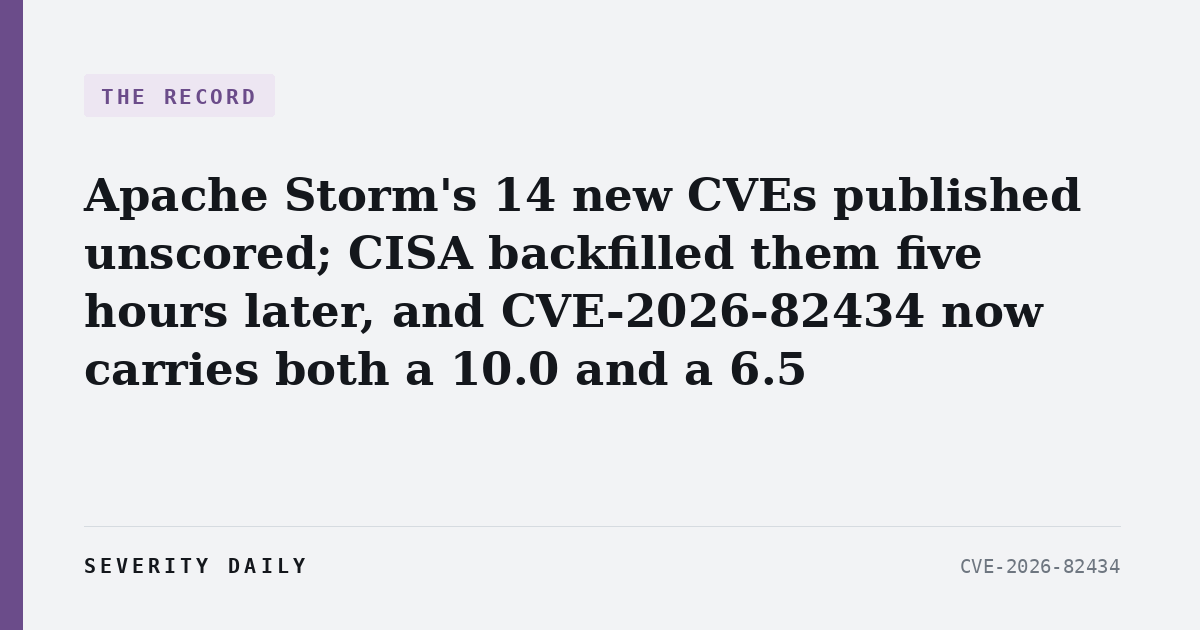 Apache Storm’s 14 new CVEs published unscored; CISA backfilled them five hours later, and CVE-2026-82434 now carries both a 10.0 and a 6.5